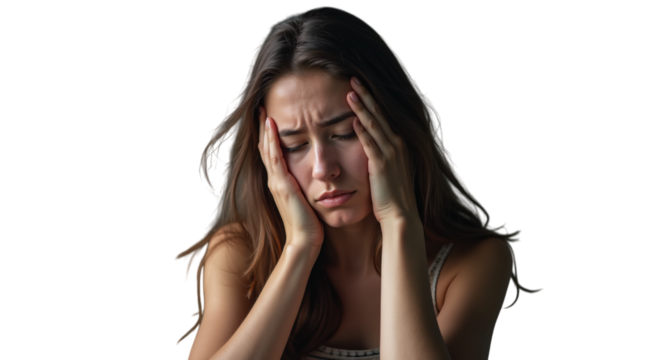 Young Woman Expressing Sadness and Frustration Isolated on a Transparent Background (PNG).
