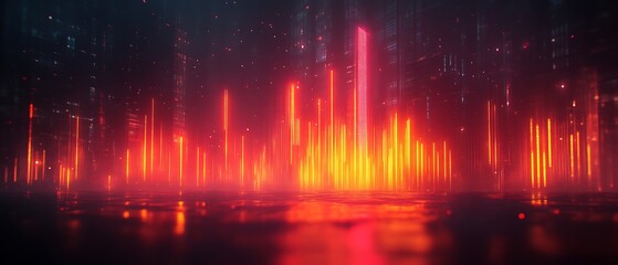 Futuristic cityscape with glowing red lights.