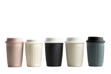Five stylish reusable coffee cups in a row, showcasing modern design and diverse colors. Perfect for eco-friendly beverage lovers.