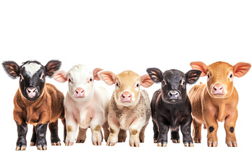 Five adorable calves stand in a row against a white background, showcasing their playful personalities and distinct colors.