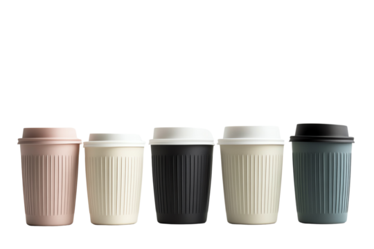 Five stylish reusable coffee cups in a row, showcasing modern design and diverse colors. Perfect for eco-friendly beverage lovers.