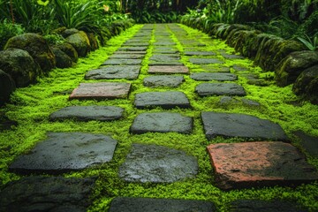 Lush green moss amidst ancient stone pathway in tranquil garden setting