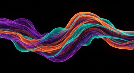 Abstract Colorful Wave: A vibrant, dynamic wave of translucent colors, including purple, teal, and orange, flows across a black background, creating a visually stunning and energetic abstract artwork.