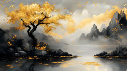 Golden Tree by the Lake, Landscape Painting
