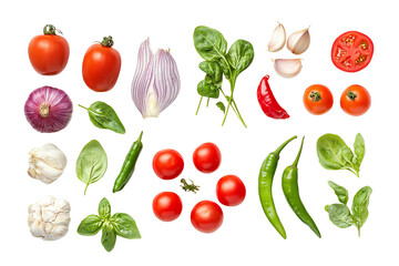 Fresh vegetables including tomatoes, garlic, onions, and herbs on a white background, perfect for healthy cooking and recipe inspiration.
