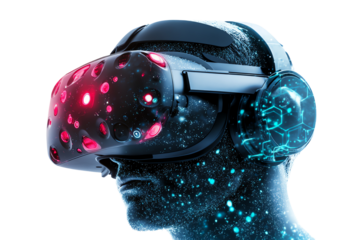 Futuristic virtual reality headset with glowing elements, overlaying digital data, isolated on a white background.