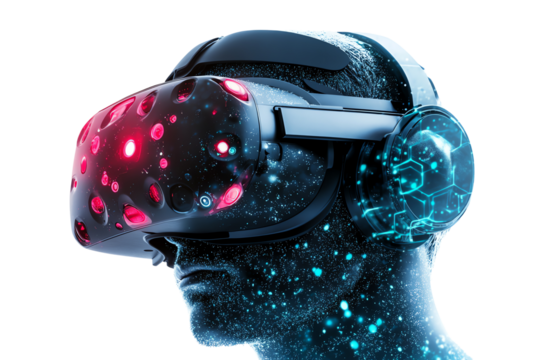 Futuristic virtual reality headset with glowing elements, overlaying digital data, isolated on a white background.