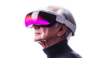 Innovative elderly man wearing advanced virtual reality headset, showcasing the intersection of age and technology in modern society.