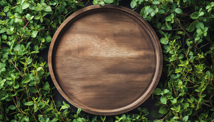 Rustic Wooden Plate Surrounded by Fresh Greenery with Natural Aesthetic and Minimalistic Design for Eco-Friendly Concepts