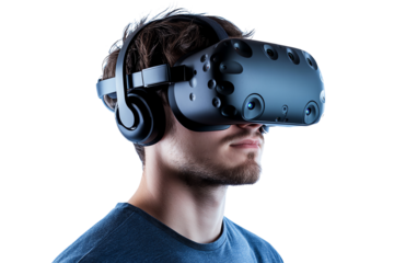 Man wearing virtual reality headset and headphones, immersed in an immersive digital experience on a white isolated background.