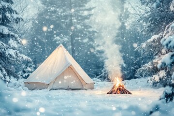 Winter camping scene with snowy forest, canvas tent, and campfire