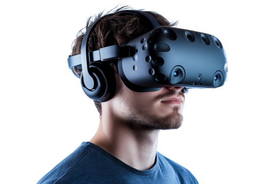 Man wearing virtual reality headset and headphones, immersed in an immersive digital experience on a white isolated background.