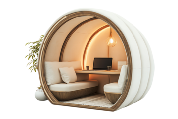 Modern workspace pod featuring cozy seating and a clean design, ideal for remote work or peaceful retreat, set against a white background.
