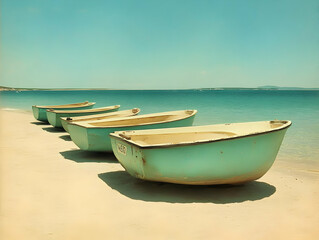 Naklejka premium Beach Boats Teal Vintage Illustration
