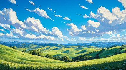 Obraz premium 青空と白い雲が描く模様と緑の丘が広がる明るい日中の風景