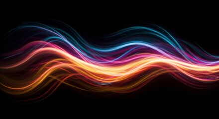 Abstract Flow:  A mesmerizing digital artwork featuring vibrant, flowing lines of light in shades of blue, pink, orange, and yellow, creating an abstract wave-like pattern against a dark background. 