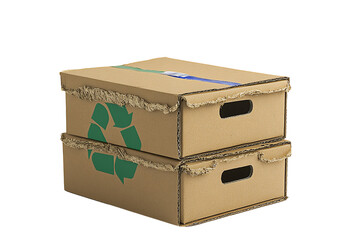 Two stacked cardboard boxes featuring a recycling symbol, emphasizing sustainability and environmental friendliness.