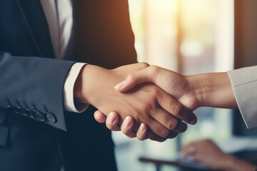 Obraz premium Business partners shaking hands after successful meeting in modern office