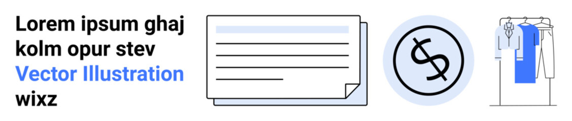 Banner with placeholder text, stack of pages representing documents, currency symbol inside a circle, and a clothing rack. Ideal for business, marketing, finance, documentation, retail e-commerce