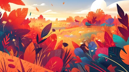 Vibrant autumn landscape with colorful foliage in hues of red, orange, and green, creating a whimsical scene.