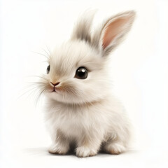 A realistic, fluffy bunny with soft fur sitting calmly on a white background. Ideal for use in nature, animal, or pet-themed designs