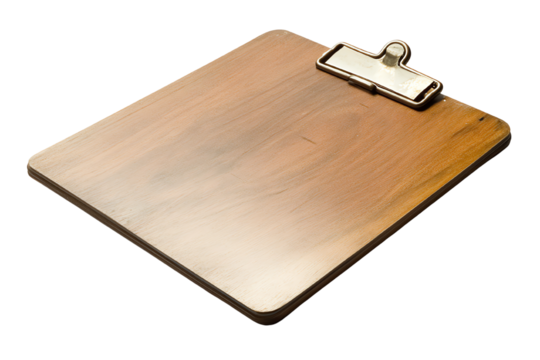 Wooden clipboard with a metal clip, ideal for organization tasks or note-taking, set against a clean white background.
