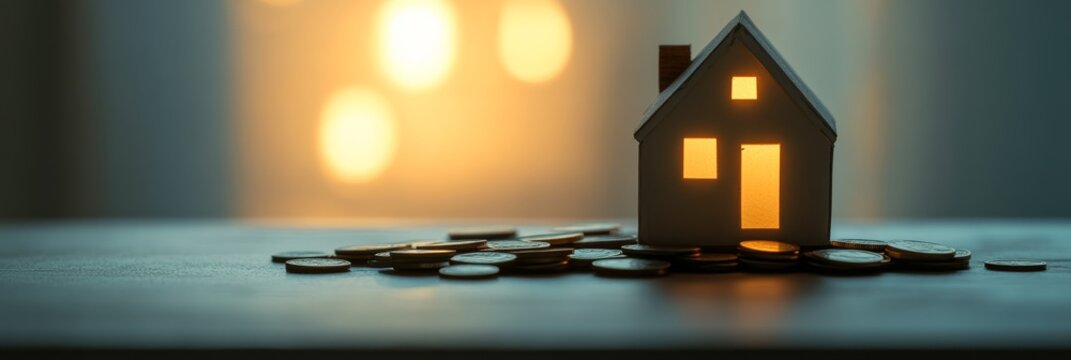 Miniature house standing on a pile of coins representing the concept of real estate investment, mortgage, and property purchase