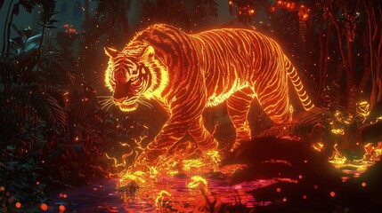 A fierce tiger illuminated by fiery light in a dense jungle, staring intensely. Bold, wild, and powerful depiction of nature’s predator.