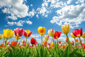 Fototapeta premium Vibrant tulips bloom under sunny blue skies with fluffy clouds