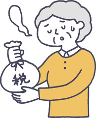 ため息をつきながら税金を納めるシニア女性単色