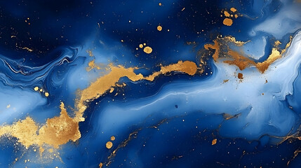 Blue Gold Abstract Art: Ink, Paint, Fluid, Modern