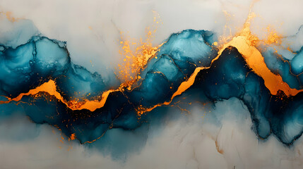 Blue Gold Abstract Art, Ink, Fluid, Pouring, Painting, Resin