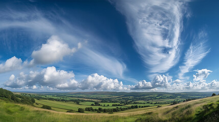 夏の入道雲と青空が広がる田園風景、日差しが輝く午後の広角風景