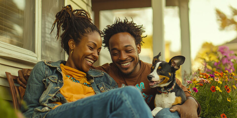 Naklejka na ściany i meble Smiling Couple Enjoying Time with Their Playful Dogs on Porch