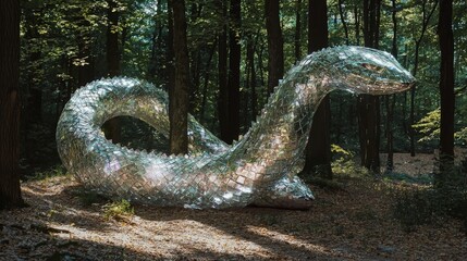 Naklejka premium Sparkling serpent with iridescent scales, glowing in a dense forest. Enchanted scene with mystical light reflections among trees and moss. Generative by AI