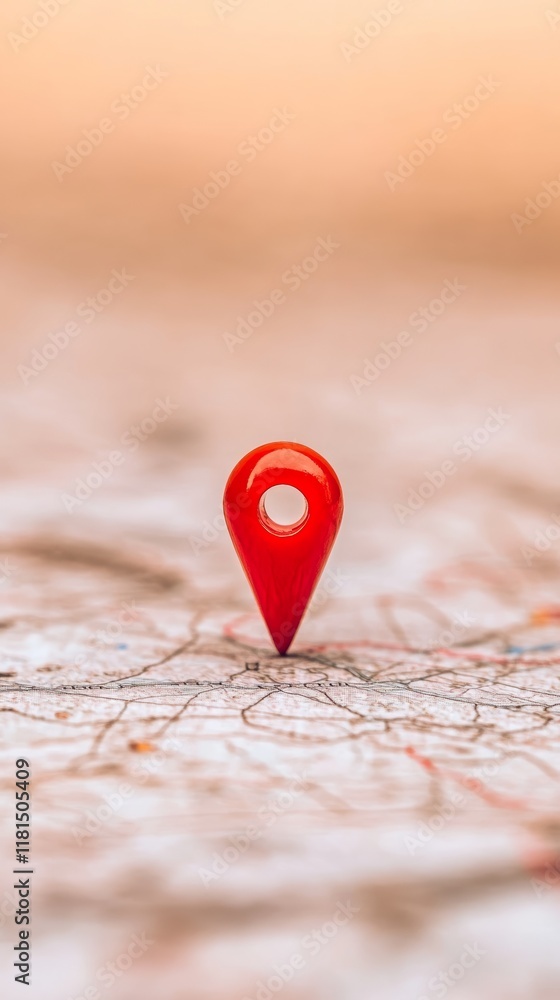 Poster red push pin indicating the destination on a vintage paper map with blurred background suggesting pl