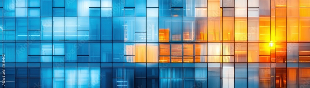Poster a vibrant, abstract representation of a modern building facade with illuminated blue and orange pane
