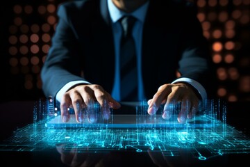 Businessman interacting with futuristic holographic interface projecting from digital tablet, concept of innovation and technology