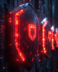Futuristic red-lit shields on dark metallic wall.