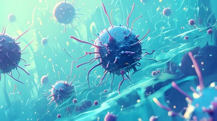 Vibrant depiction of a virus, illustrating infection and microbiological exploration in a scientific context