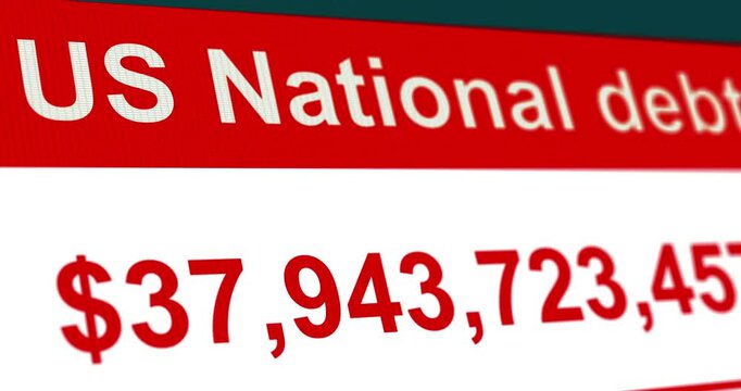 Counter of US National Debt, increasing red number of state debt of United States of America, close-up footage