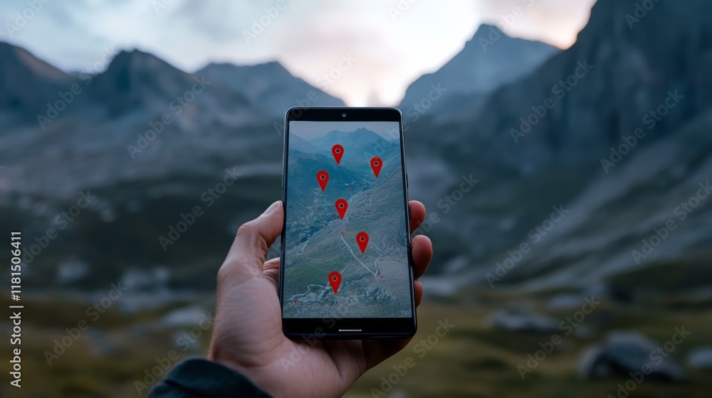 Aufkleber hand holding smartphone displaying gps navigation app with marked locations on map in mountain valle