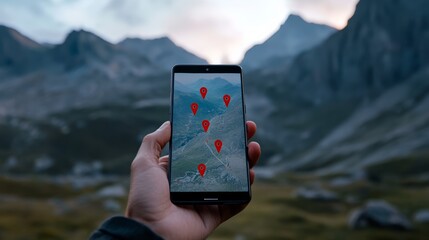 Hand holding smartphone displaying gps navigation app with marked locations on map in mountain valley, providing convenient and reliable wayfinding for hikers