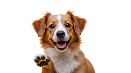 Smiling Dog Waving Its Paw With A Playful Gesture Isolated On A Transparent Background (PNG).