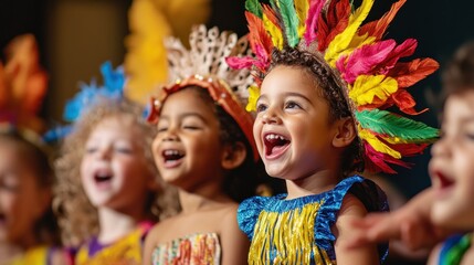 Happy diverse toddlers in colorful costumes singing.