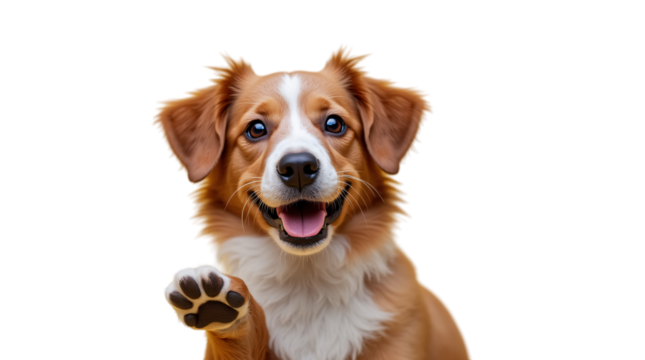 Smiling Dog Waving Its Paw With A Playful Gesture Isolated On A Transparent Background (PNG).