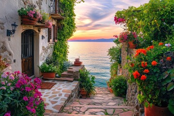 Fototapeta premium Sunset coastal village stone steps flowers home