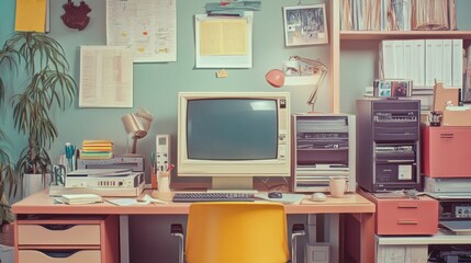 Retro workplace, study, retro computer, desk, photo of old computer, faded, vintage, old technology, the first computers, 1980s, 1990s, busy desk, messy, cluttered, workspace, office, home office