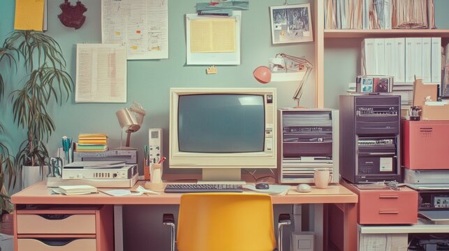 Retro workplace, study, retro computer, desk, photo of old computer, faded, vintage, old technology, the first computers, 1980s, 1990s, busy desk, messy, cluttered, workspace, office, home office
