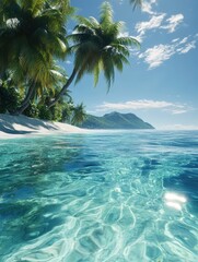 Crystal clear water gently lapping on the shore with lush palm trees swaying in the warm breeze under a bright blue sky. A perfect tropical paradise awaits